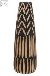 Arlo large wooden engraved vase in black and natural features a tapered beige and black geometric-patterned wooden engraved vase
