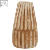 Arlo large wooden engraved vase with a rustic honey-toned finish and natural vertical ribbed wood texture