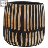 Small engraved natural black ceramic planter with vertical beige wood grain stripes for indoor use