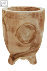 Arlo small natural wooden planter with rustic hand carved circular design and three sturdy feet in natural wood