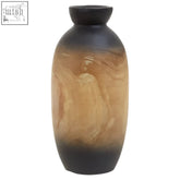 A sleek tall wooden ombre vase with a smooth gradient from black to warm amber in the middle perfect for decor