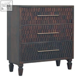 Dark wood arno chest of drawers with velvet mocha finish carved drawer fronts and antique brass handles