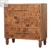 A rustic arno chest of drawers with three woven fronts and brass handles in a golden teak finish