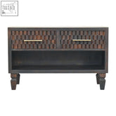 Dark wood arno shoe storage console table with woven barrel drawers brass handles solid mango wood velvet mocha finish