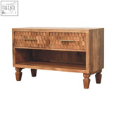 Rustic wooden arno shoe storage unit with golden teak finish woven drawers and brass handles for stylish shoe storage