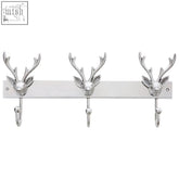 Silver arris stag head hook wall mounted hanger with three matching antler hooks on a sleek metallic bar
