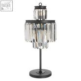 Black metal Art Deco table lamp with tiered crystal chandelier style shades for elegant lighting