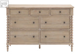 Artisan 7 drawer chest with light gray distressed wood, turned spindle legs, dark round knobs, h324mm drawer chest