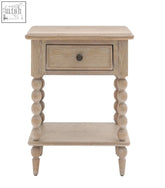 Artisan bedside drawer nightstand in light gray distressed wood with turned spindle legs and single drawer for storage