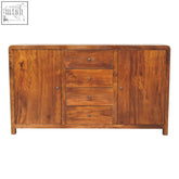Warm-toned artisan furniture solid mango wood aspen sideboard with two doors and four drawers with round metal knobs