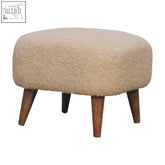 Beige faux fur ottoman with tapered mango wood legs solid mango wood footstool for cozy seating or decor