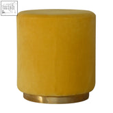Artisan furniture mustard velvet footstool with solid mango wood base and polished brass finish cylindrical design