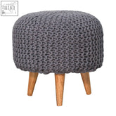 Gray knitted pouf round footstool with wooden legs made from solid mango wood by Artisan Furniture Keeva collection