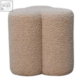 Beige plush ottoman with soft fuzzy mud boucle surface on solid mango wood artisan furniture footstool