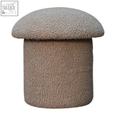 Beige fuzzy mud boucle mushroom footstool with rounded top and cylindrical base made of solid mango wood