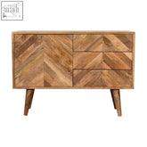 Artisan furniture solid mango wood muna sideboard with chevron pattern tapered legs and three drawers in light wood