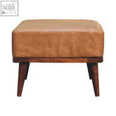 Tan buffalo leather ottoman with solid mango wood tapered legs and wooden base perfect as a footstool