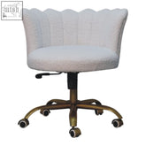 Artisan furniture solid mango wood white boucle swivel chair with white plush scalloped back and gold metal base with casters