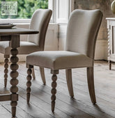 Artisan lime wash dining chair pack of 2 with beige upholstered seat and turned wooden legs perfect for dining rooms