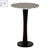 Artisan pedestal bar table with black and white mosaic round top and sleek tapered pedestal base