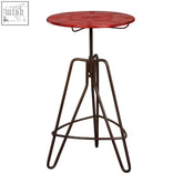 Artisan red metal circular stool with vintage design and hairpin legs for red metal bar or metal bar table use