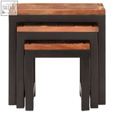 Set of three acacia wood and metal nesting tables with dark frames and warm wood tops perfect for living spaces