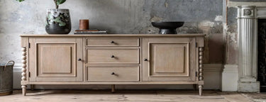 Artisan sideboard in light oak wood with turned legs w457 x d350 featuring three drawers and two cabinet doors