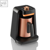 Copper-finished arzum okka rich spin pro turkish coffee maker with black base and control knob for rich coffee and frothing