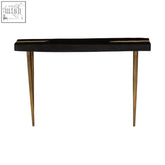 Black acacia wood asamra black acacia console table with sleek modern design and slender gold legs