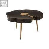 Asamra black and gold coffee table with black wood slice top gold inlay and slender brass legs gold coffee table