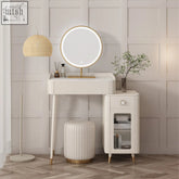 Cream asante small dressing table with side cabinet features white ribbed texture and gold legs with led round mirror