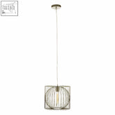 Modern geometric pendant light with aselo silver finish metal cage and exposed filament bulb in silver finish pendant style