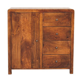 Aspen cabinet warm-toned wooden single door and four drawers with round metal knobs perfect for storage