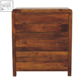 A warm aspen chest with three spacious drawers in chestnut finish made from durable mango wood