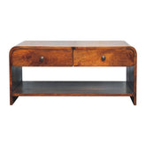 A sleek curved wooden aspen slim coffee table with two drawers and a lower shelf for stylish storage