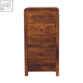 A tall aspen tallboy chest of drawers with five drawers in chestnut finish made from solid mango wood