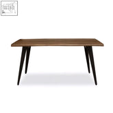 Assia dark wood veneer dining table with warm brown veneer wood top and black slender legs for modern dining rooms