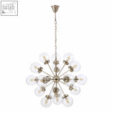 Asterid 18 light ceiling light with brushed nickel finish and clear glass globes in a modern spherical design