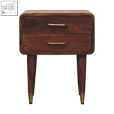 Astor 2-drawer bedside table in solid mango wood with roasted almond finish and brass handles for bedside storage