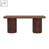 A sleek dark brown astoria fluted bench made of natural mango wood with smooth top and fluted cylindrical legs