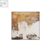 A square abstract gold foil wall art with textured golden-brown and white composition and dripping effects