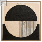 Abstract black and cream wall art featuring textured canvas with half-circle forms and vertical stripes for stylish decor