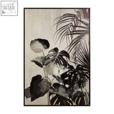 Black wall art featuring detailed monstera leaves in black and white framed botanical design for stylish wall art
