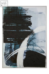 Abstract painting wall art with bold black brushstrokes and soft blue white washes in sleek silver frame black wall art