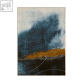 Abstract painting with deep navy blue burnt orange and black brushstrokes on gray background gold wall art piece