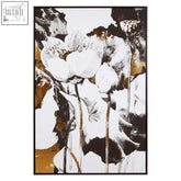 Black and white abstract floral metallic wall art with gold accents in a sleek black frame for modern decor