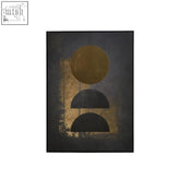 Black-framed astratto gold foil canvas wall art with layered gold and dark gray semi-circular shapes foil canvas wall decor