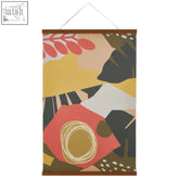 Abstract botanical kakemono canvas wall art with wooden frame featuring bold reds yellows and earthy greens leaves