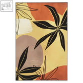 Abstracto multi colour wall art featuring bold black leaf silhouettes on a warm orange yellow and beige colour wall background