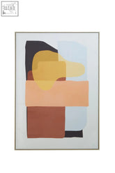 Abstract multi coloured canvas wall art with overlapping organic shapes in warm earth tones and slender metallic frame